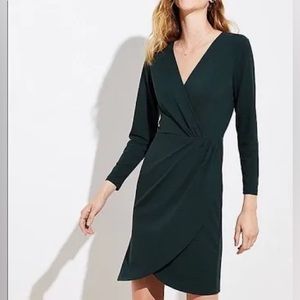 LOFT Shirred Faux Wrap Long Sleeve Dress Dark Forest Green Size 14